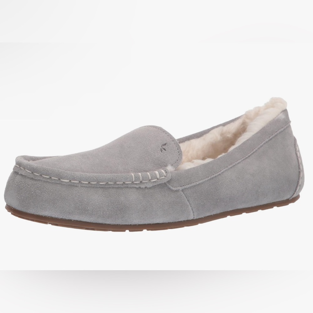 Ugg leather fur lined slippers rubber sole House Shoes light gray slip on